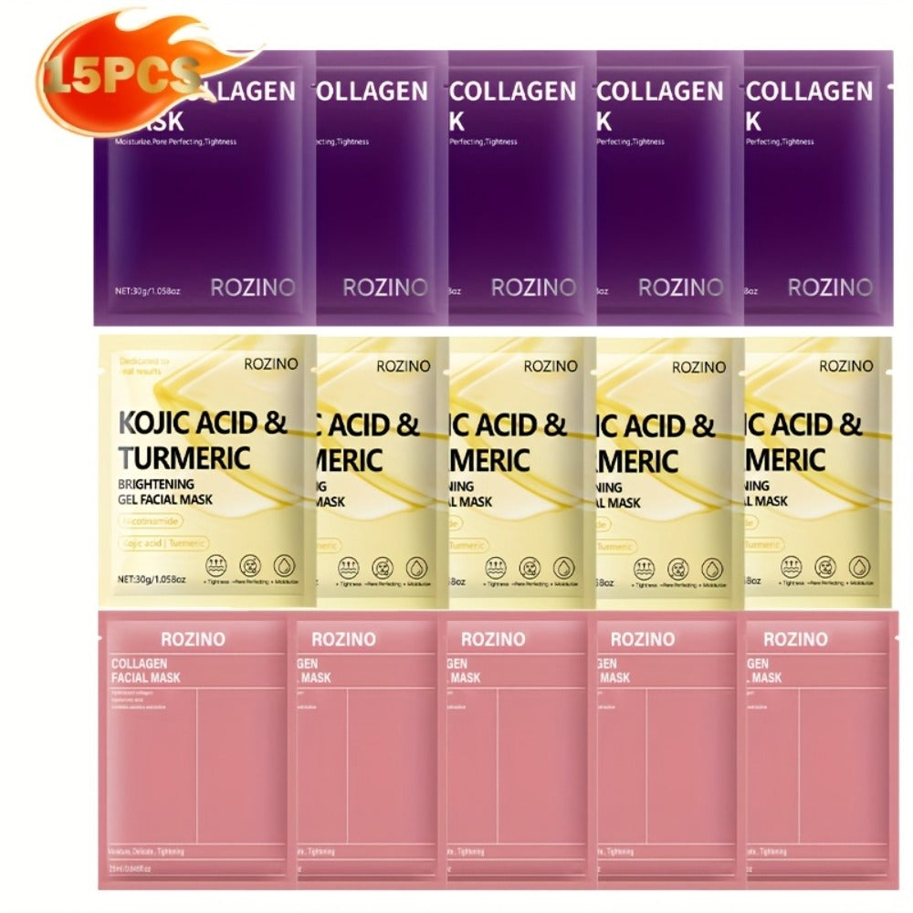 Face Mask, ROZINO 15-Piece Collagen Sheet Assortment with Bio-Collagen and Kojic Acid Turmeric Packets — image 3