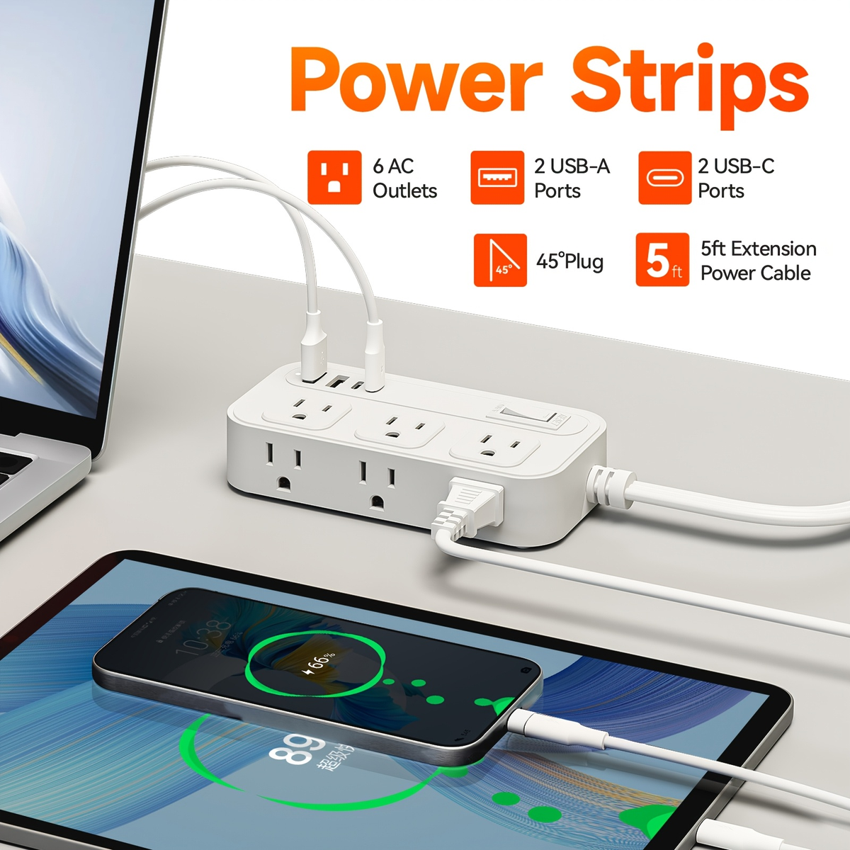 Power Strip Flat Plug with 6 AC Outlets, 2 USB-A, 2 USB-C and 3-Inch, 5-Foot or 10-Foot Cord Options — image 8