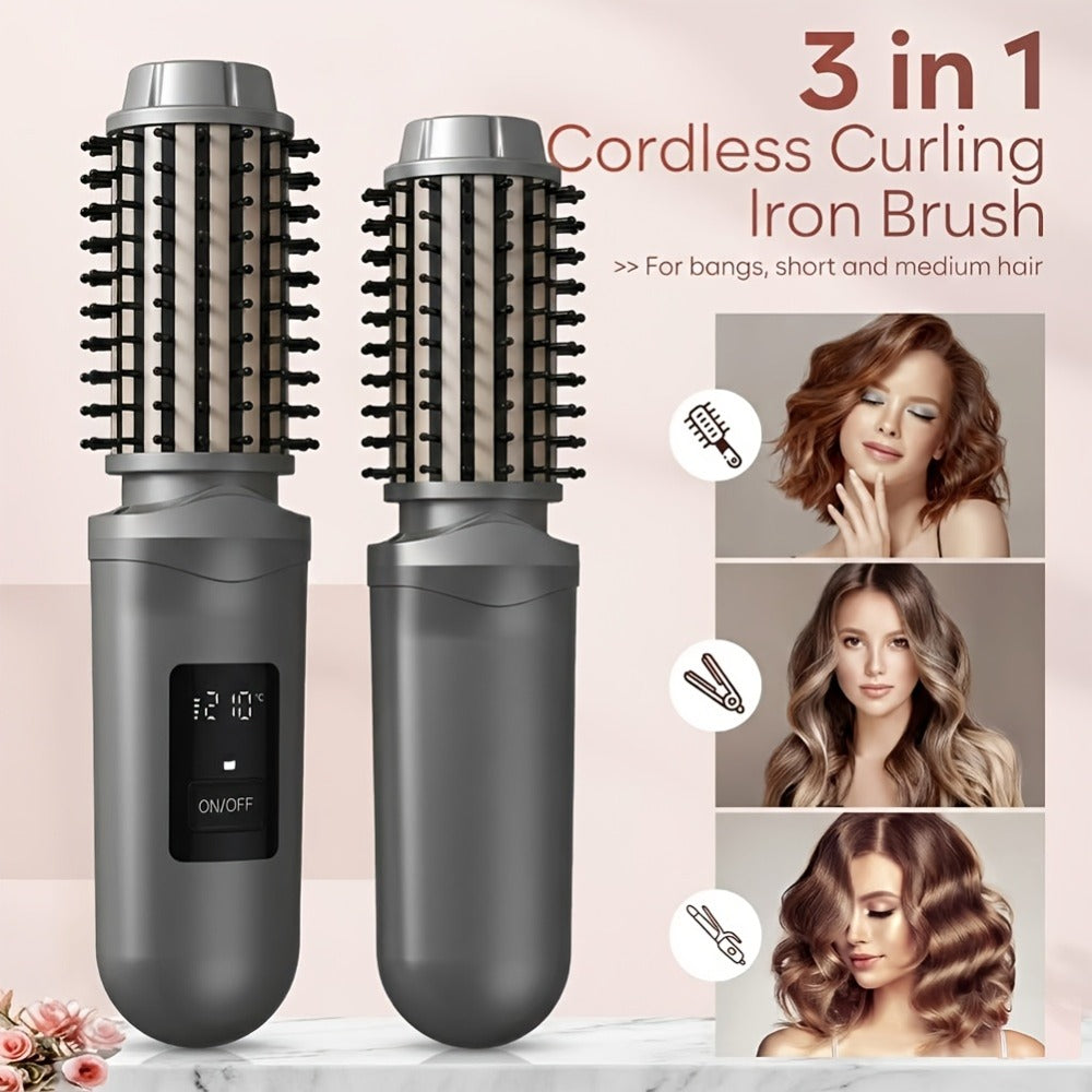 Cordless Hair Curler Brush 2-in-1 Straightener – Rechargeable Wireless Auto Curling Iron, for Home, Travel and Salon Hair Sty