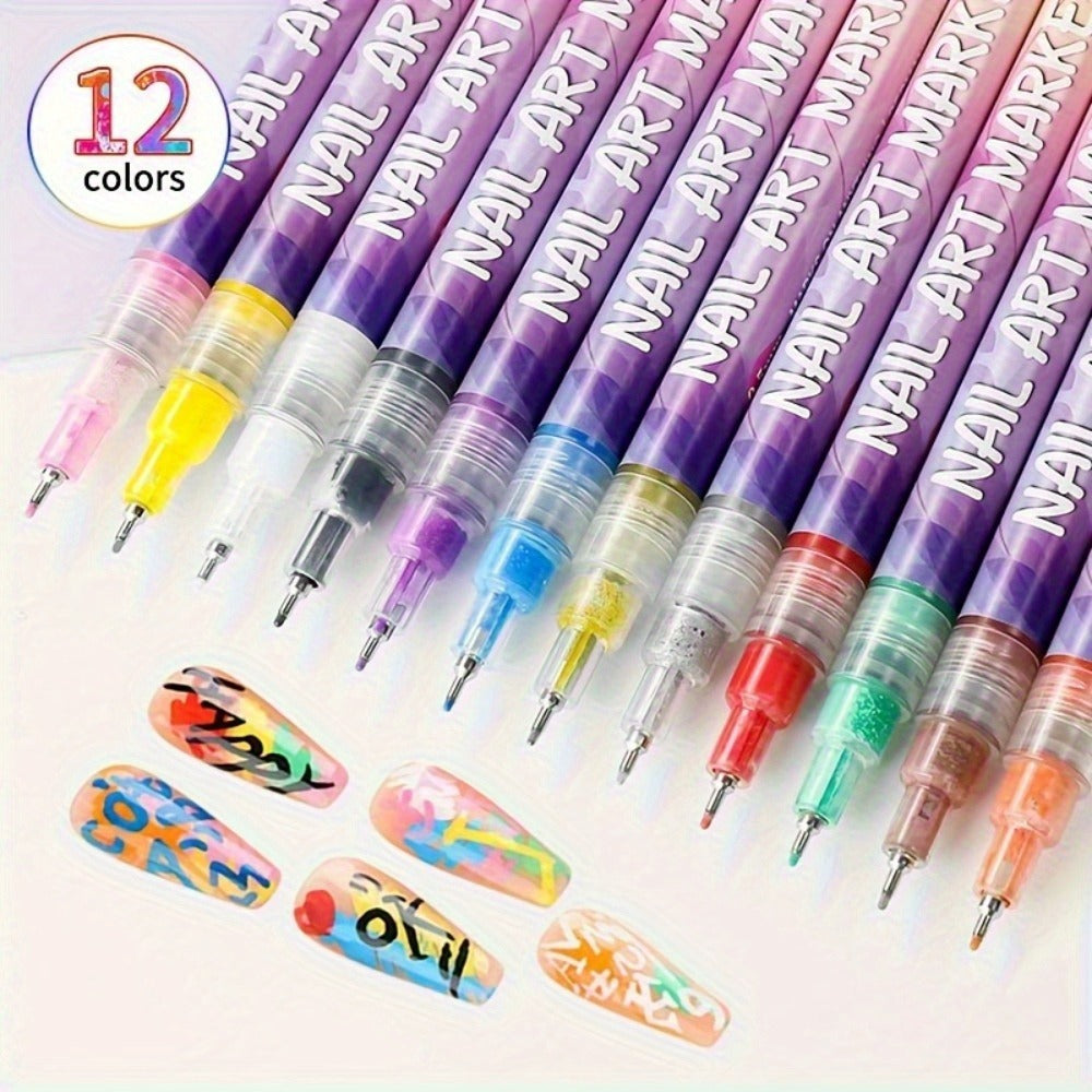 Nail Art Pens 12 Colors Quick Dry 3D Graffiti & Detail Brush Set – Ultra-Fine Precision Drawing Pen Kit for DIY Nail Design —