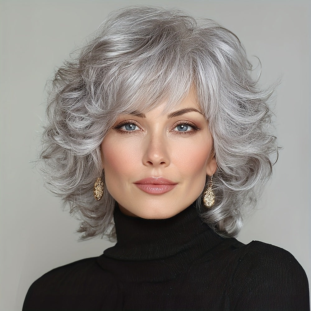 Synthetic Wig 12-Inch Silver Grey Short Curls with Bangs and Adjustable Rose Net Cap for Cosplay Looks — image 1