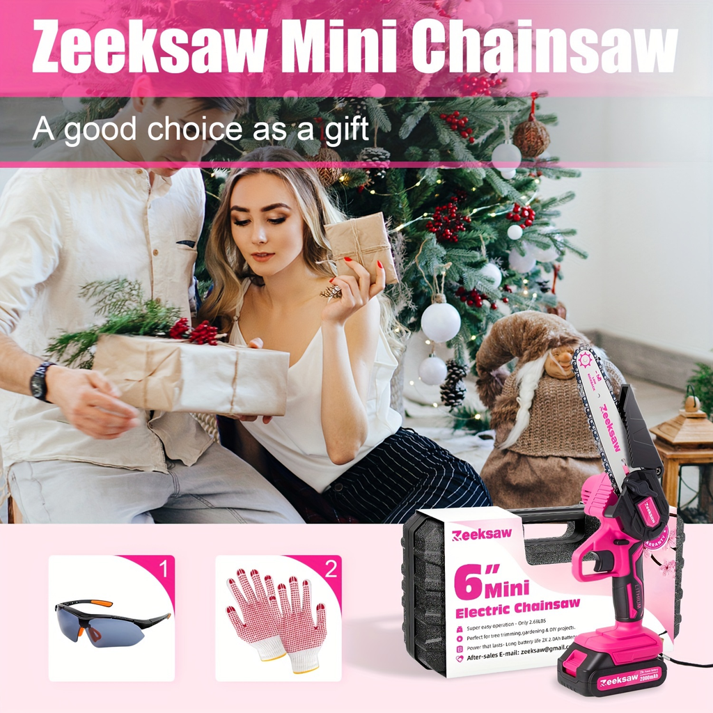 Pink 6-Inch Mini Cordless Chainsaw Kit with Two Batteries, Charger, Carry Case, Spare Chains and Clear Eyewear — image 10