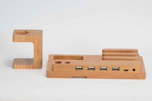 Bamboo Wood Phone & Apple Watch Charging Stand - Multi-Function Desktop Holder