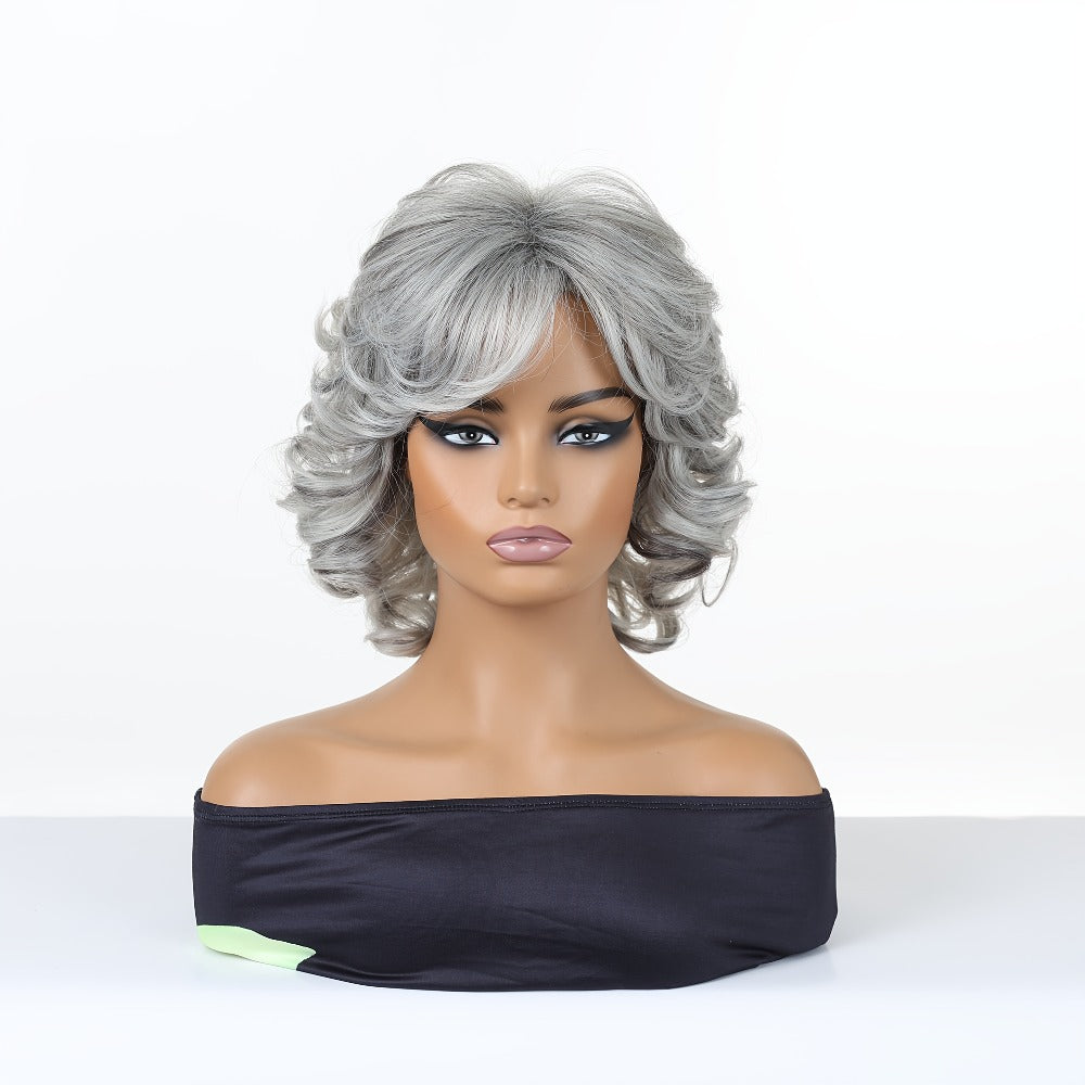 Synthetic Wig 12-Inch Silver Grey Short Curls with Bangs and Adjustable Rose Net Cap for Cosplay Looks — image 2