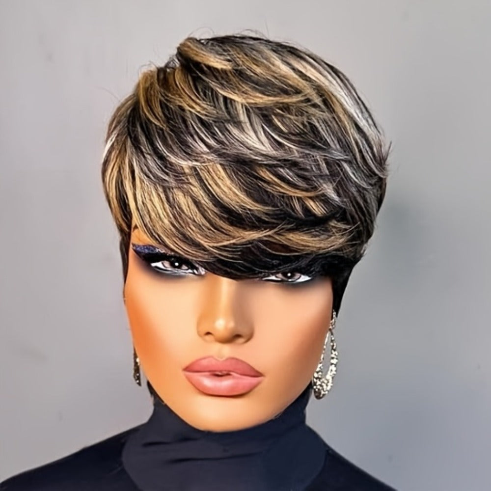 Synthetic Wig 4-Inch Layered Pixie with Bangs, Black-Blonde Look and Rose Net Cap for Daily Style — image 12