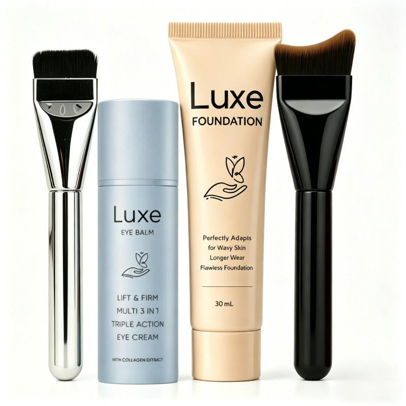 Liquid Foundation Makeup Set 4 Pcs, Full Coverage Buildable Foundation, Eye Cream Applicator & 2 Foundation Brushes — image 1