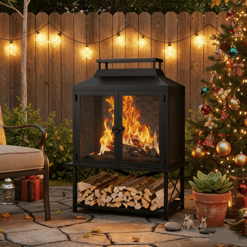 Outdoor Fireplace 39 Inch Rectangular Wood Burning Fire Pit with Grill, Spark Screen & Poker — image 5