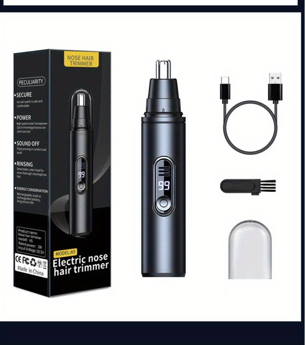 Nose Hair Trimmer Electric Painless 3-in-1 USB Rechargeable with LED Display – Trims Nose Ear Hair Eyebrows Waterproof Groomi
