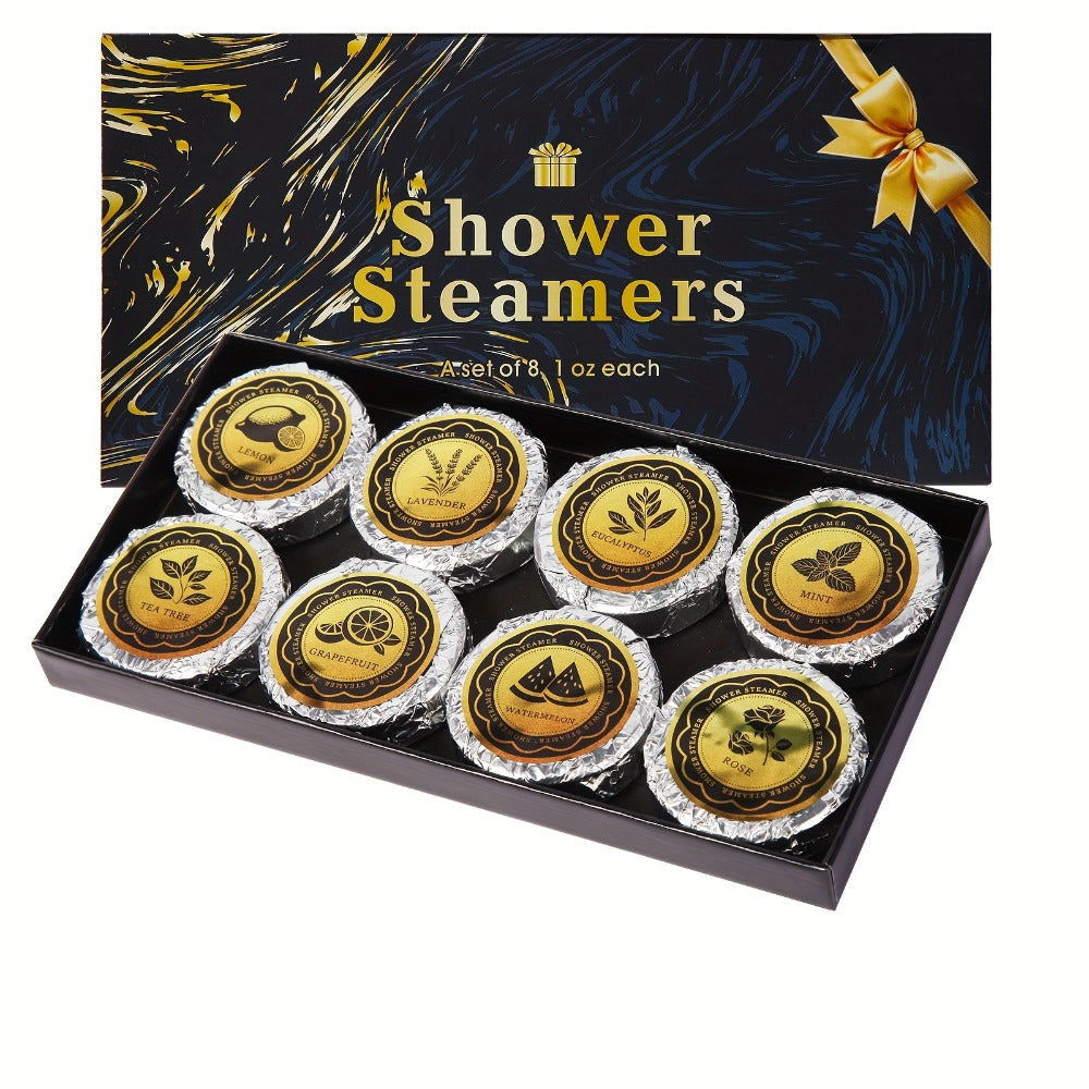 Eight 30 g Shower Steamer Tablets in Eight Fragrance Labels with Black-and-Gold Gift Box Packaging — image 3