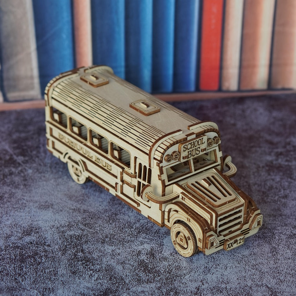 Wooden School Bus Model Kit with Laser-Cut Panels, Rolling Wheels and 20.5 cm Display Length — image 3