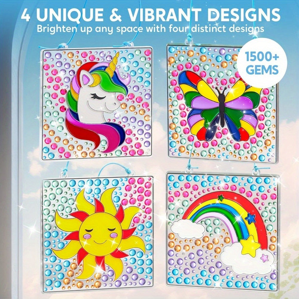 Suncatcher Painting Kit 4pcs for Kids, 2-in-1 Window Art with Gem Stickers & Paint Pens, Butterfly Unicorn Rainbow Sun Design