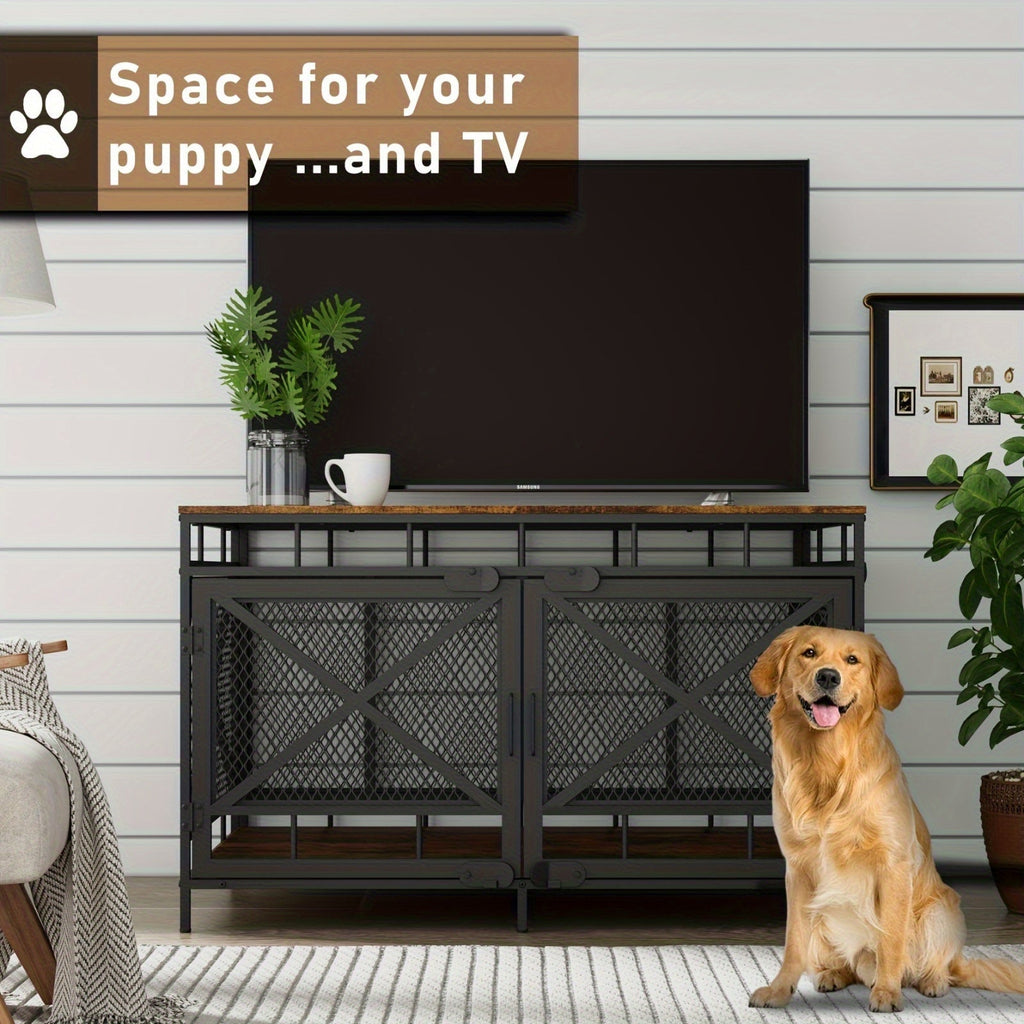 43-Inch Corner Dog Crate Furniture with Vintage Wood-Look Top, Metal Mesh Sides and Side Doors — image 2