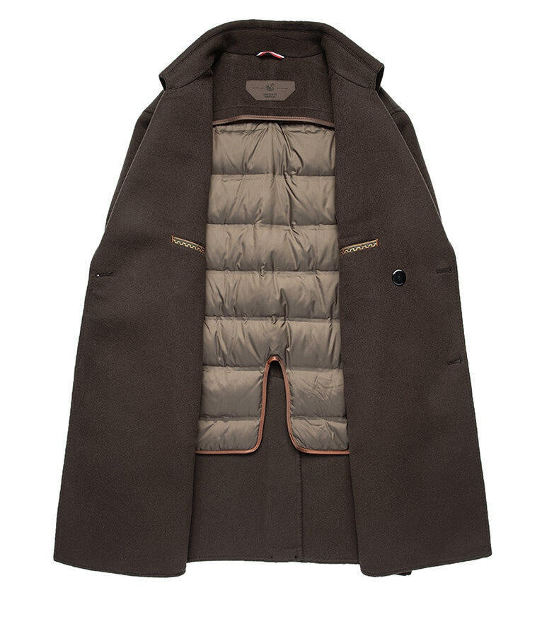Arrival Long Double-Faced Wool Coat With Detachable Goose Down Lining And Double-Breasted Design