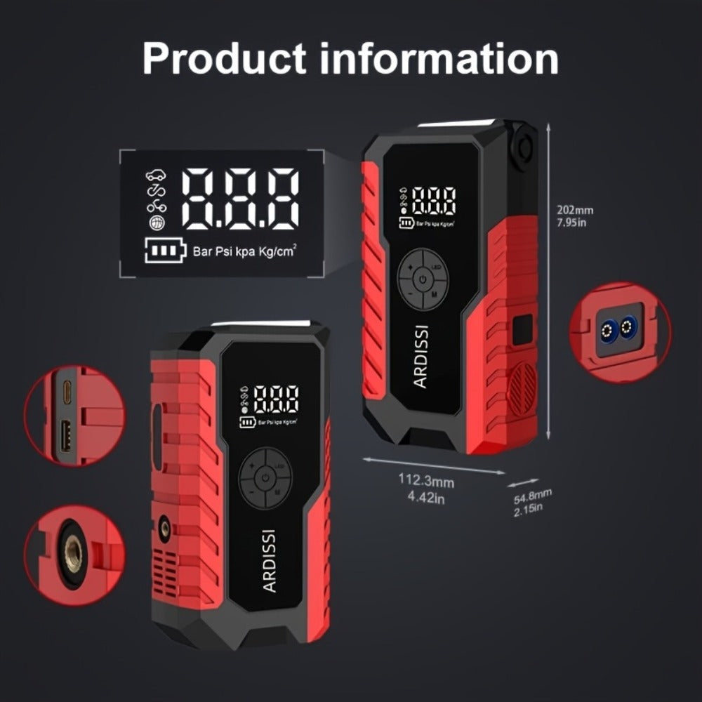 5-in-1 Jump Starter 5000A Peak – 10000mAh Power Bank, 150PSI Air Inflator, Type-C & LED Emergency Light for 12V Gas & Diesel 