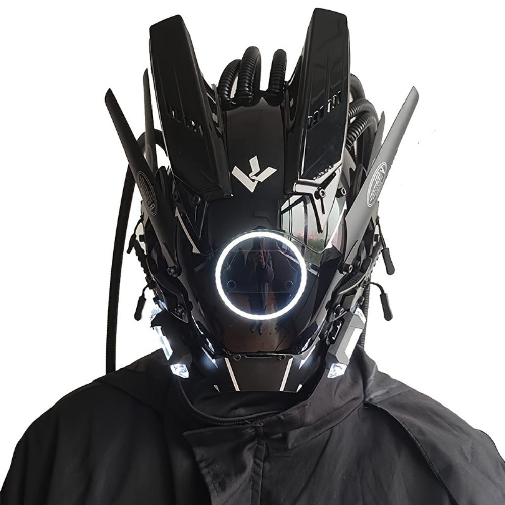 LED Braided Cyberpunk Costume Helmet with Circular Face Light and Blue, Green or Pink Accent Styles — image 28
