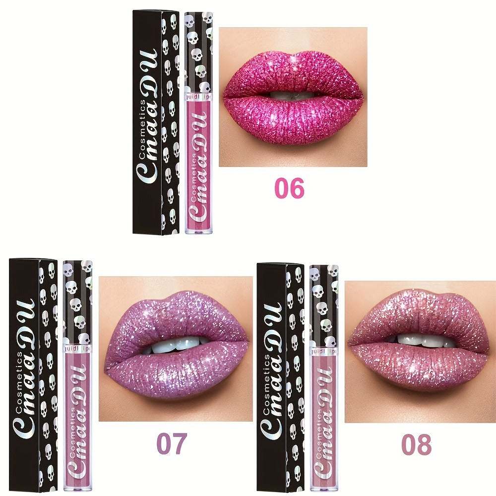 Glitter Lip Gloss Set 3pcs Skull Design Shimmer Liquid Lipstick Long Lasting Easy Remove Bold Shiny Lip Color for Music Festi