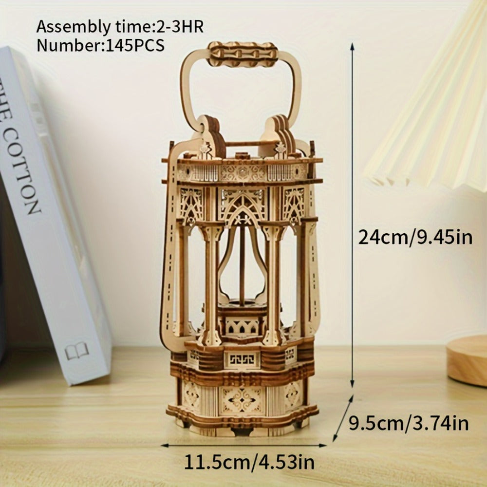 LED Wooden Lantern Model Kit, Rotating Mechanical 3D Wooden Puzzle for Adults & Teens, Glowing Vintage Desk Decor Display — i