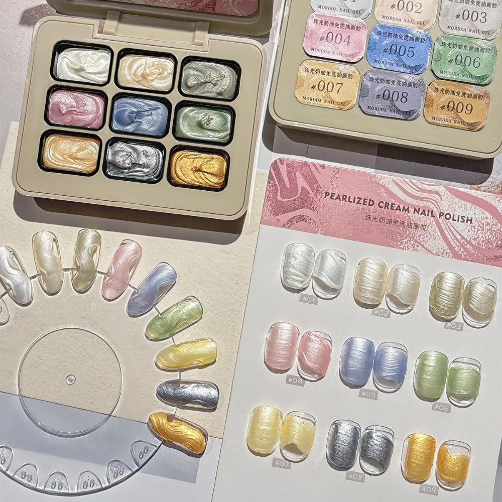 Pearlescent Nail Gel 9-Grid Shell Shimmer Mother of Pearl Cream Oil Painting Gel Polish Set – Multicolor Glitter Iridescent S