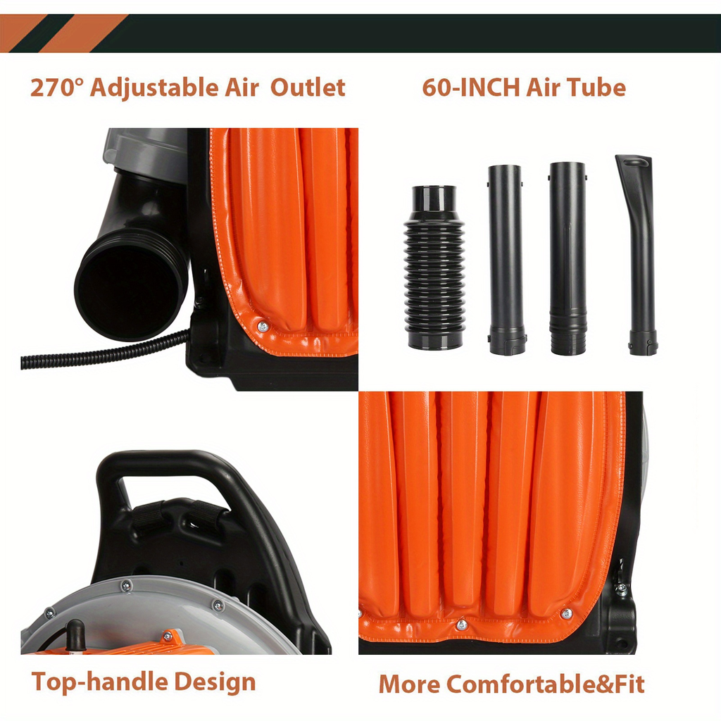 Backpack Gas Leaf Blower in Orange with 2-Stroke Engine Label, Flexible Elbow, Long Tube and Control Handle — image 9