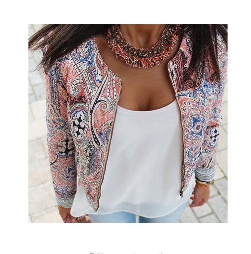 Fashion Women Floral Zipper Summer Casual Suit Short Jacket Coat Outwear