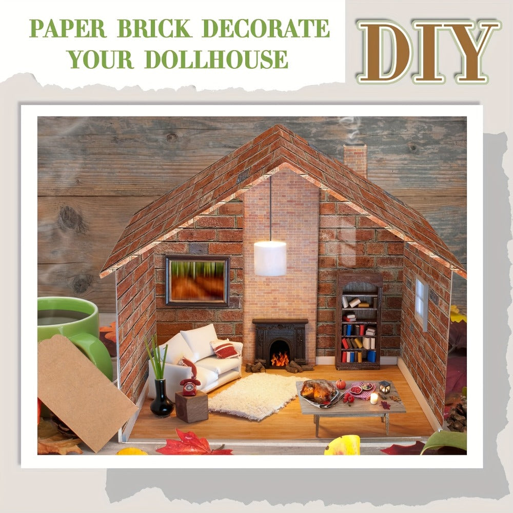 Dollhouse Wallpaper Flooring Peel Stick 12 Sheets Red Clinker Brick Miniature Self-Adhesive Paper for 1:12 Scale Dollhouse DI