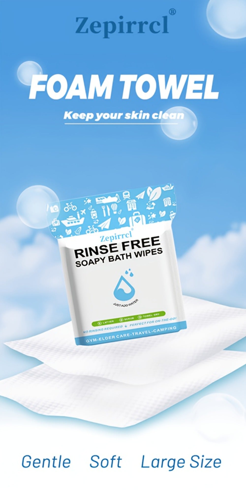 No-Rinse Disposable Bath Wipes 100pcs Large 11.81in - Foaming Body Cleansing Cloths Soap for Bath Time, Home Spa and Personal