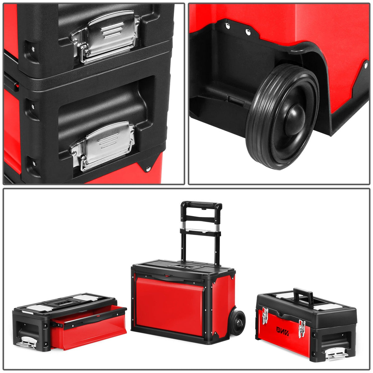 Rolling Tool Box 3-Tier Stackable Portable Toolbox with Wheels 19.5x12x28.5 Inch Steel PP 3-in-1 Detachable Compartments Meta