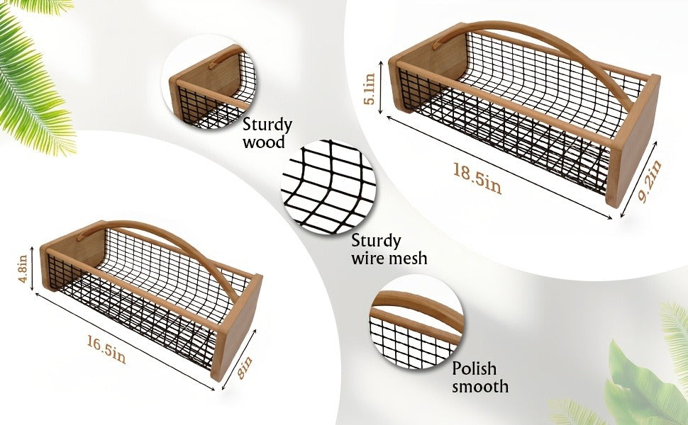 Garden Harvest Basket Metal Mesh with Wooden Handle – Rectangle Vegetable Fruit Picking Basket for Garden, Kitchen & Farmhous