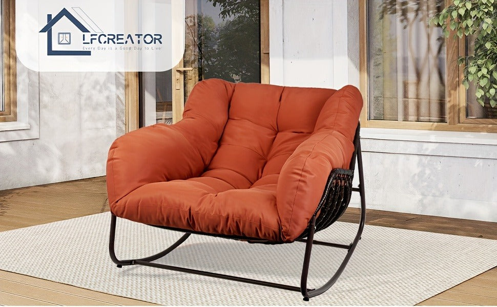 Papasan Rocking Chair Outdoor Wicker Egg Chair with Cushion & Pillow, Large Patio Rocker for Garden — image 15