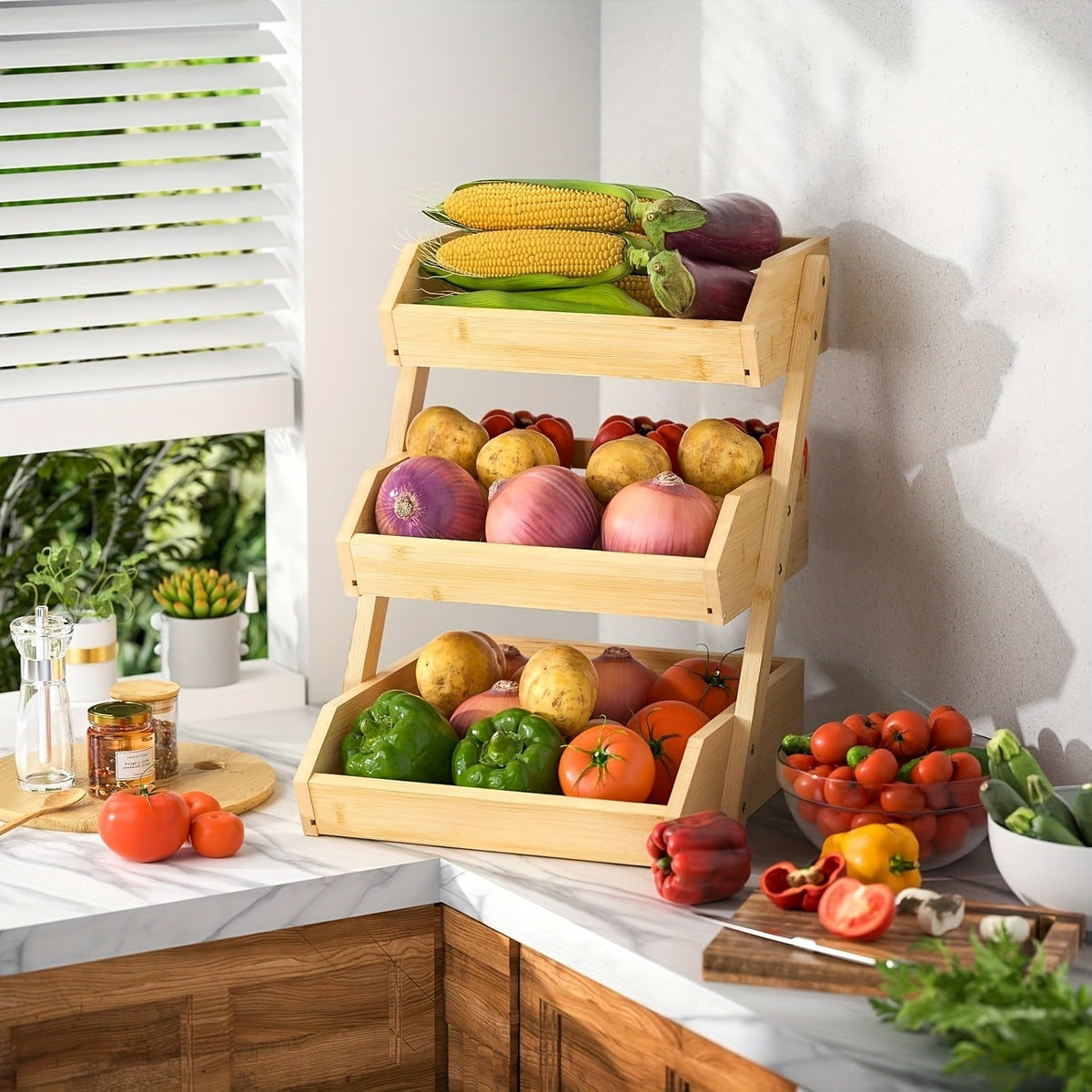 Fruit Basket Stand 2 & 3 Tier Wooden Countertop Organizer Large Capacity Kitchen Storage for Fruits Vegetables Bread Produce 