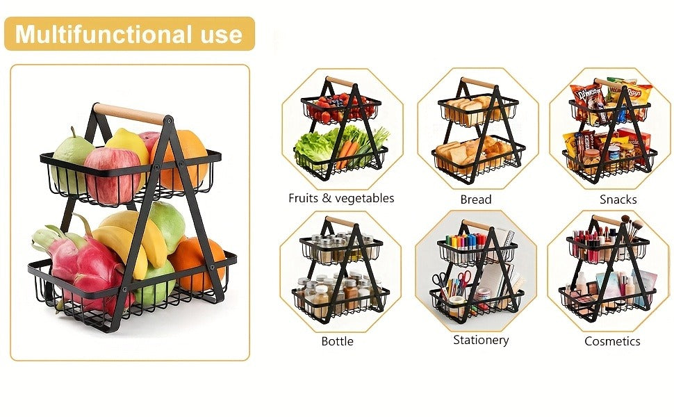 Fruit Basket Kitchen Organizer 2 or 3 Tier Metal Stand with Removable Wooden Handles for Countertop — image 17