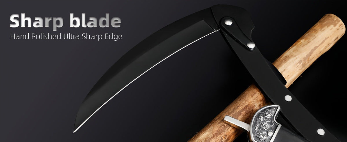 Folding Sickle Stainless Steel Flat Edge Blade with Black Wood Handle & Double Bolsters for Garden, Patio and Yard Use — imag