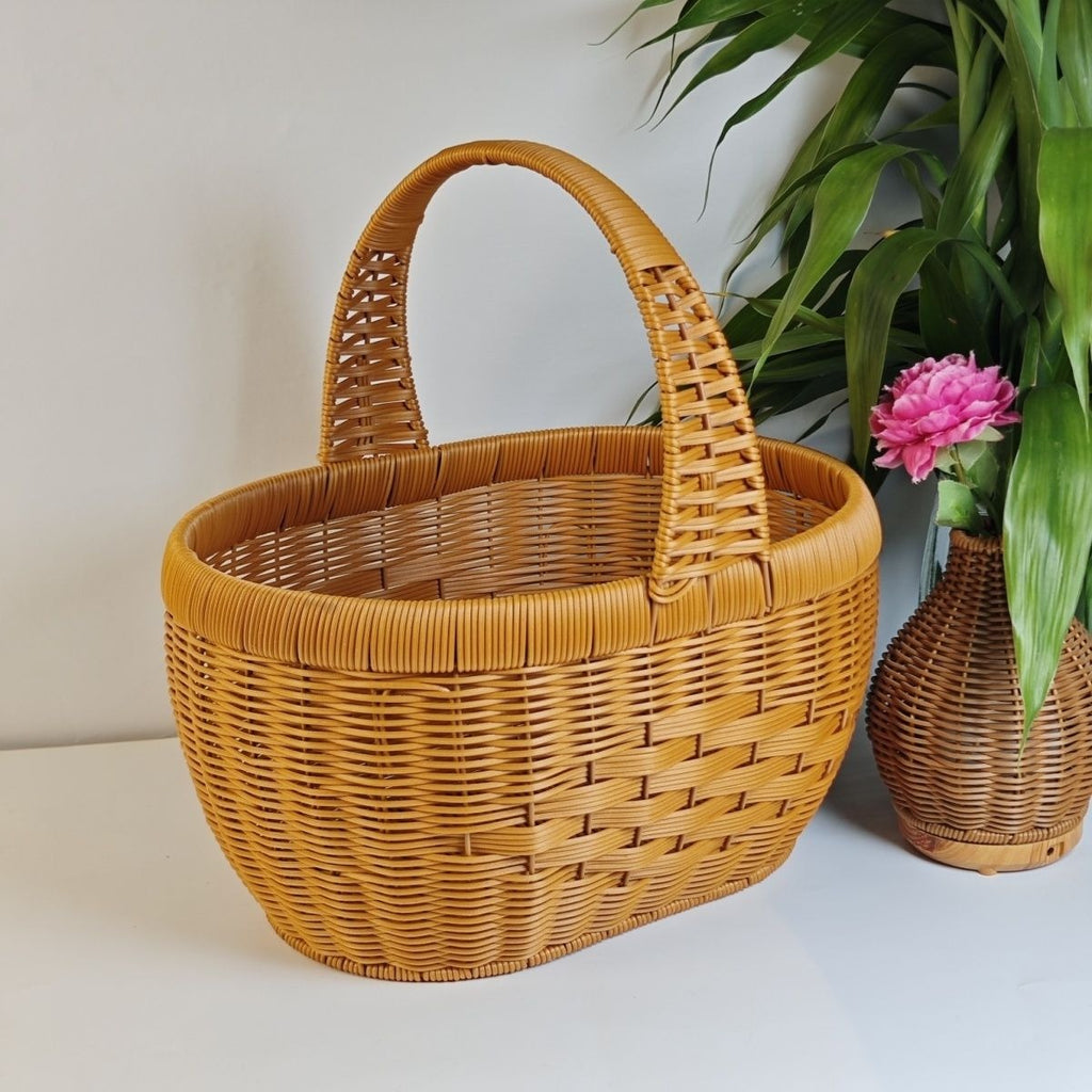 Rattan Basket Woven Shopping Basket with Handle – Extra Large Handcrafted Picnic Basket for Fruits, Eggs, Vegetables — image 