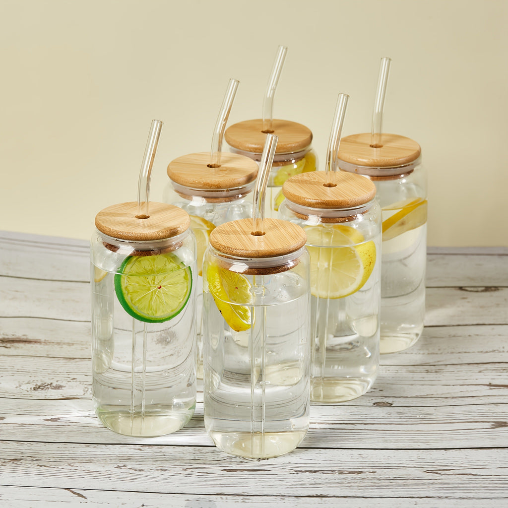 Drinking Glasses Set with Lid and Straw 550ml Oval Glass Cups 4 or 6 Piece, for Home Cooking, Dining and Outdoor Meals — imag