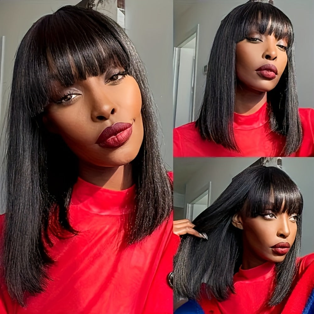 Straight Bob Human Hair Wig with Full Bangs, 250% Density, Rose Net Cap and 10-18 Inch Lengths — image 3