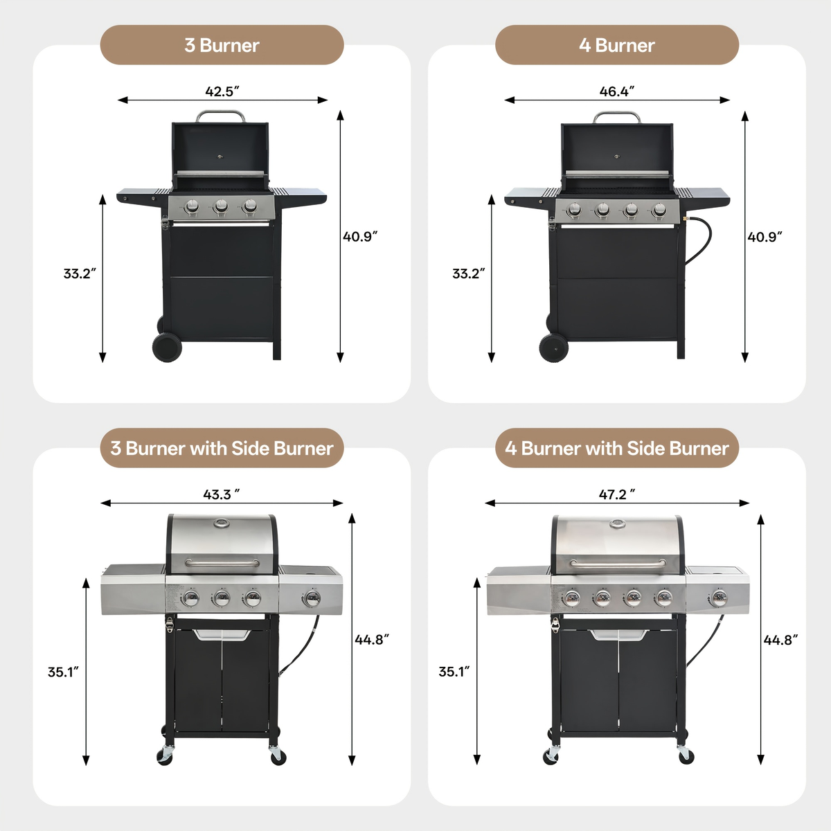 Propane Gas Grill Stainless Steel 3 & 4 Burner Outdoor BBQ Grill with Side Burner, Grill Cover & 344 Sq In Cooking Surface — 
