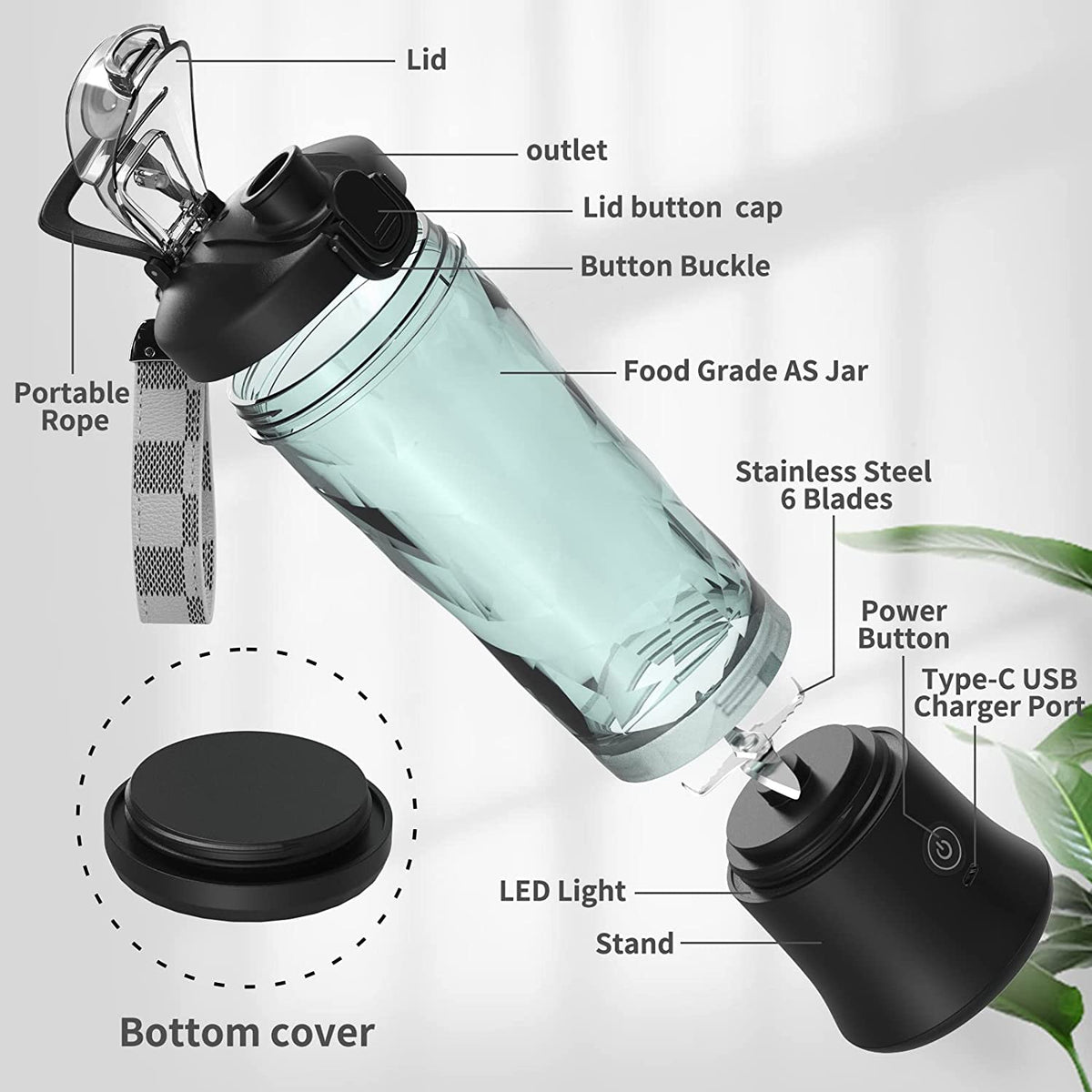 Portable Blender 600ML Electric Juicer Fruit Mixers 4000mAh USB Rechargeable Smoothie Mini Blender Personal Juicer Colorf