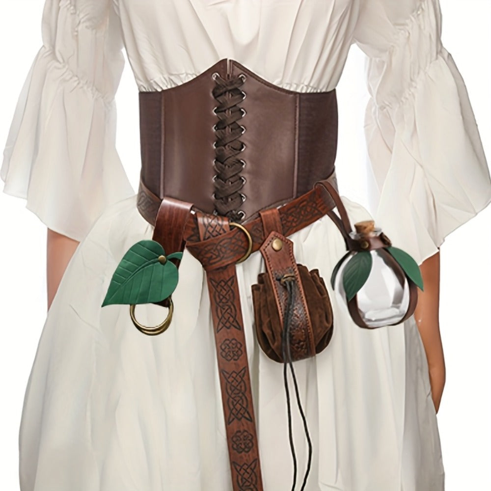 Renaissance Corset Set 5-Piece Ladies – Medieval Belt Pouch Potion Bottle Waist Protector, Women Halloween LARP Cosplay Renai