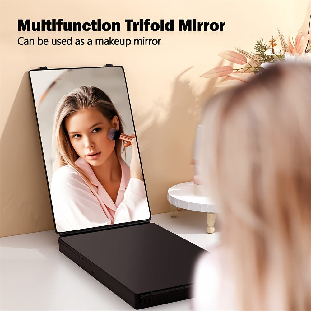 Hair Cutting Mirror 3 Way with LED Light – 360° View Trifold Barber Mirror, Adjustable Height, Door Hang Wall Mount or Tablet