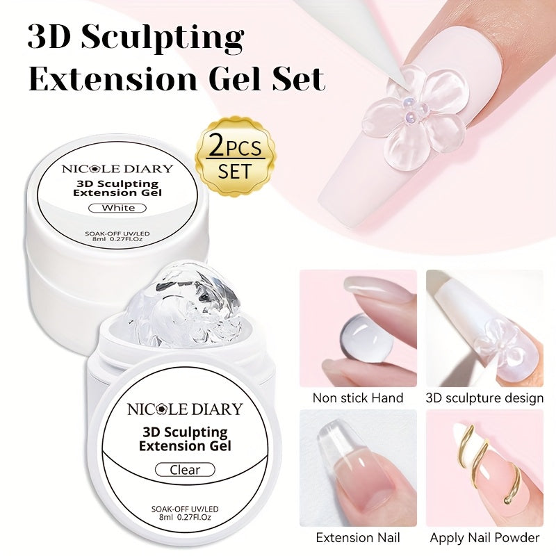 3D Sculpting Builder Gel Kit with Carving Pen – Clear & White Nail Extension Gel for Floral Nail Art, Acrylic Extensions & DI