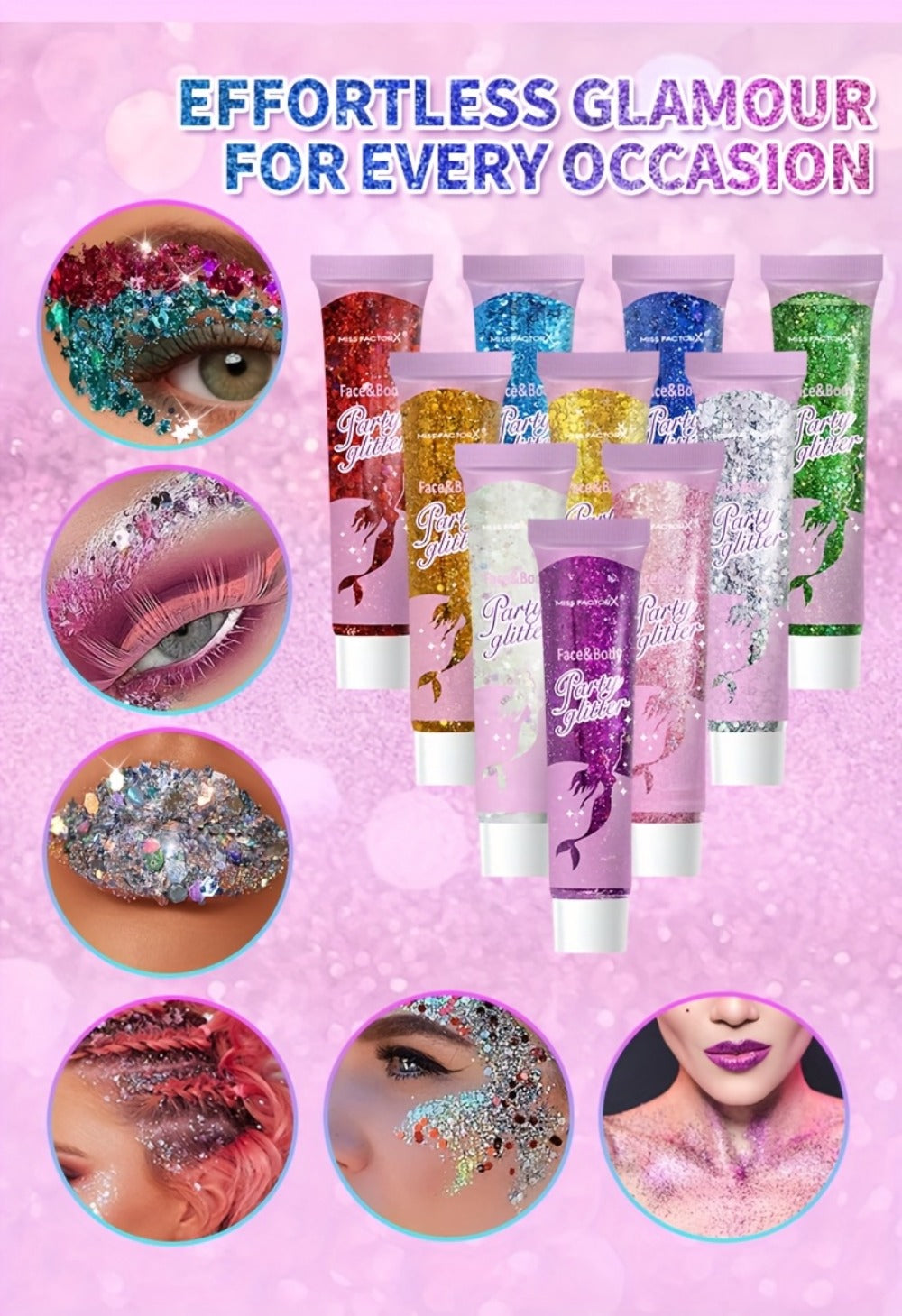 Face Body Glitter Gel Set 30 Pieces – Colorful Shapes Mermaid Sequin Stars Hearts, Transparent Gel Base, Skin-Safe Shimmer Ma