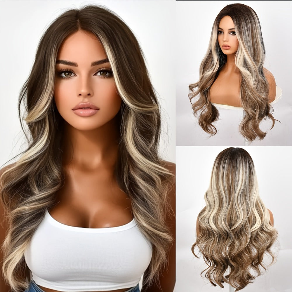 Synthetic Wig 30-Inch Water-Wave Curls with Brown Highlights, Middle Part and Rose Net Cap — image 3