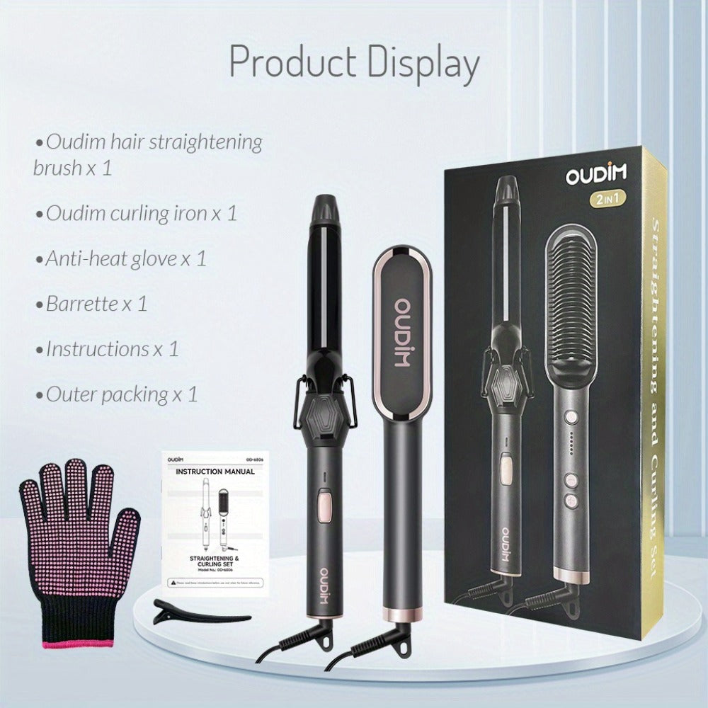 Hair Straightener & Curling Iron Set for Women, Flat Iron Straightening Brush, Anti-Scald, Precise Temperature Control — imag
