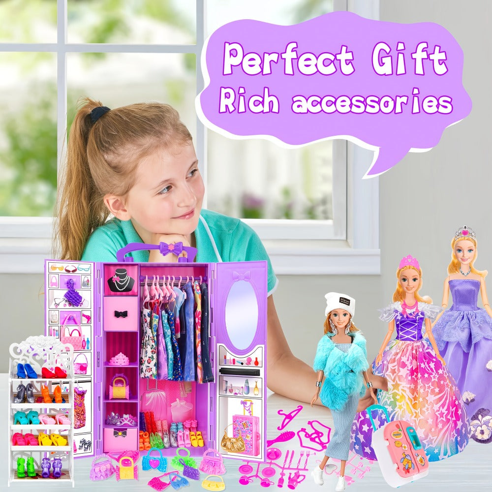 Doll Closet Playset 108 Piece with 11.5 Inch Fashion Doll Purple Wardrobe Wedding Gowns Shoes Handbags Crowns & Accessories —