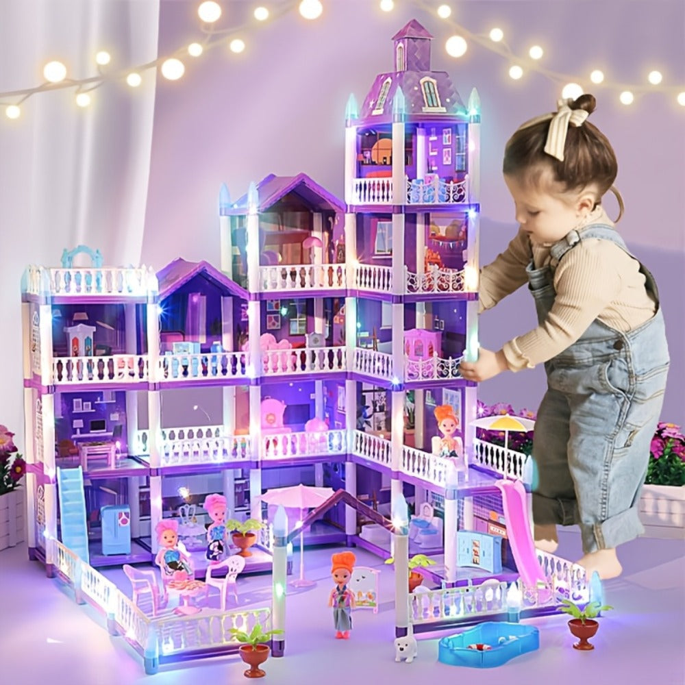 LED Dollhouse Playset for Girls, Purple Multi-Room Playhouse with Doll Figures, Puppies, Furniture & LED Lighting — image 1