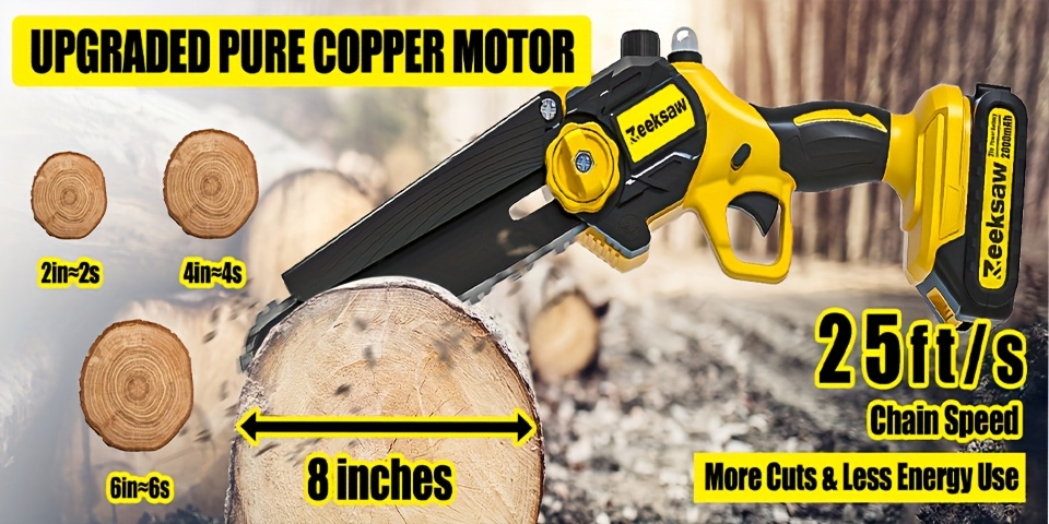 Cordless Mini Chainsaw 8 Inch with 2x2.0Ah Batteries & Charger, Auto Oiler, Chain Tensioning, 26ft/s Speed for Tree Branches 