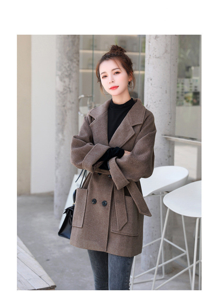 Short Woolen Coat Women Winter New Style Korean Double-Breasted Suit Collar Fashion Mid-Length Nizi Jacket