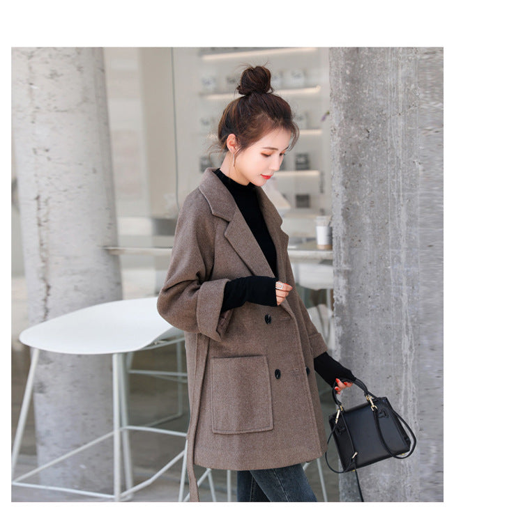 Short Woolen Coat Women Winter New Style Korean Double-Breasted Suit Collar Fashion Mid-Length Nizi Jacket