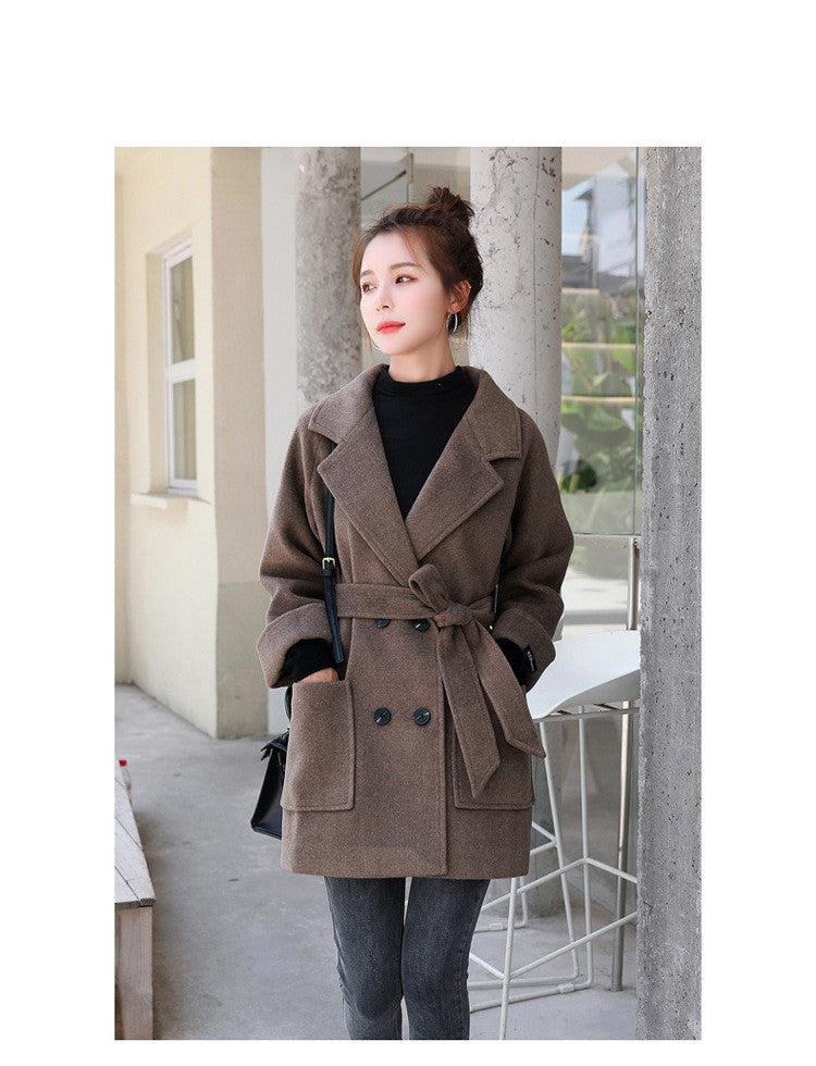 Short Woolen Coat Women Winter New Style Korean Double-Breasted Suit Collar Fashion Mid-Length Nizi Jacket