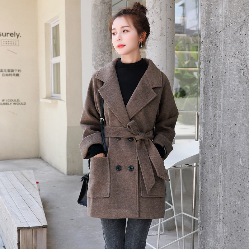 Short Woolen Coat Women Winter New Style Korean Double-Breasted Suit Collar Fashion Mid-Length Nizi Jacket